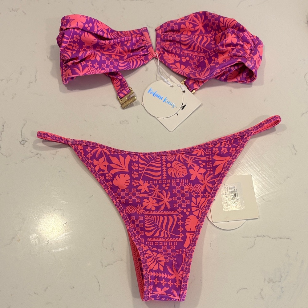 Kulani Kinis Pink and Purple Tropical Print Bikini Set